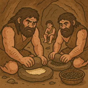 Recreación de la relación entre los neandertales y el pan cocinando tortas sobre piedras calientes en una cueva.