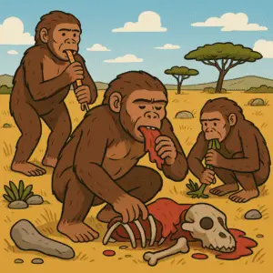 Recreación de la dieta de los primeros humanos: australopitecos buscando raíces y carroña en la sabana.