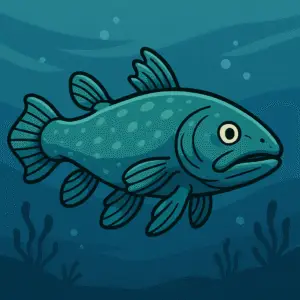 Ilustración del celacanto fósil viviente en el fondo del océano.