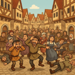 Grabado medieval representando a víctimas de la plaga danzante de 1518 en las calles de Estrasburgo