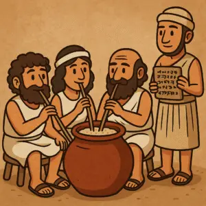 Sumerios bebiendo Bappir o cerveza antigua con pajitas largas de una vasija comunal