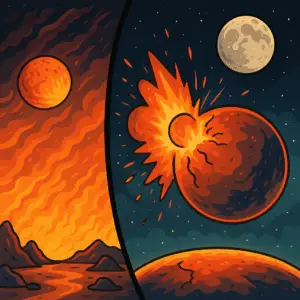 Ilustración que muestra las pruebas de la hipótesis del gran impacto, con Theia chocando contra la Tierra.