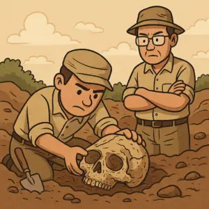 Arqueólogos examinando el cráneo Yunxian 2 deformado por la presión geológica.