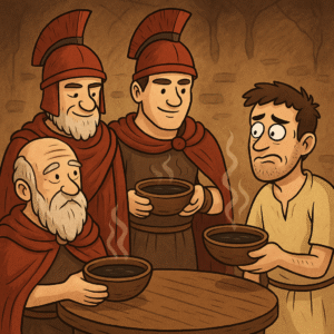 Guerreros espartanos consumiendo caldo negro o melas zomos en un syssitia mientras un visitante extranjero reacciona con desagrado.