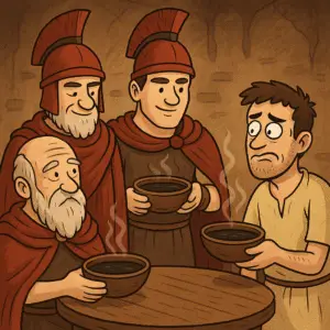 Ilustración de guerreros consumiendo caldo negro de Esparta en un comedor comunal o syssitia.