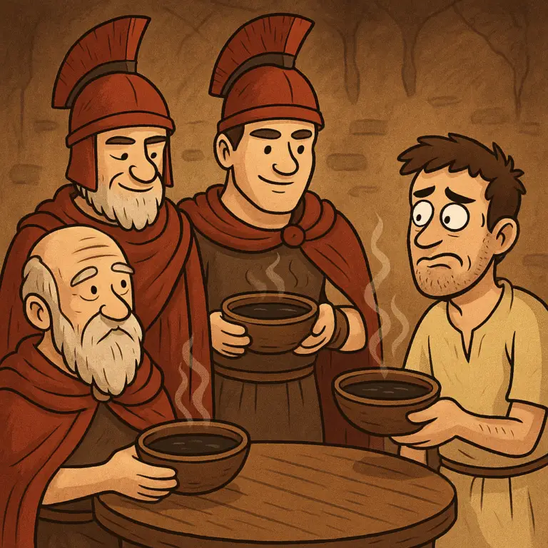 Ilustración de guerreros consumiendo caldo negro de Esparta en un comedor comunal o syssitia.